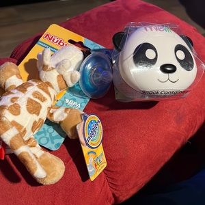 Set of  Nuby 0-6 month Giraffe pacifier holder & Melii Airtight Snack Container